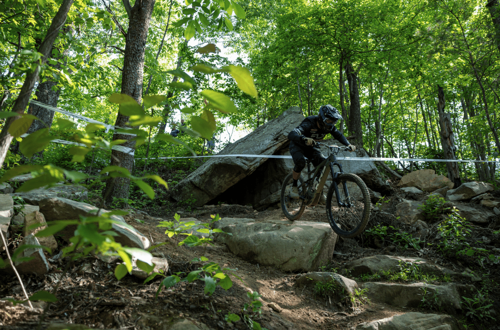 KHS Pro MTB Rider Lucas Cowan on the trail at the BME round 2 in Windrock TN.