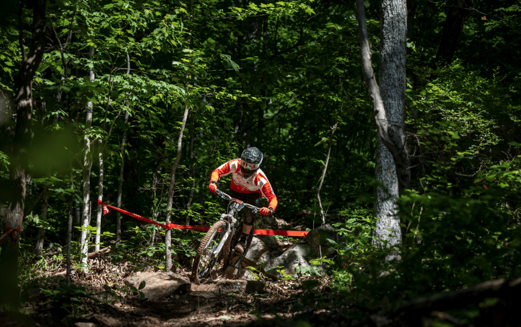 KHS Pro MTB Rider Shane Leslie on the trail at the BME round 2 in Windrock TN.