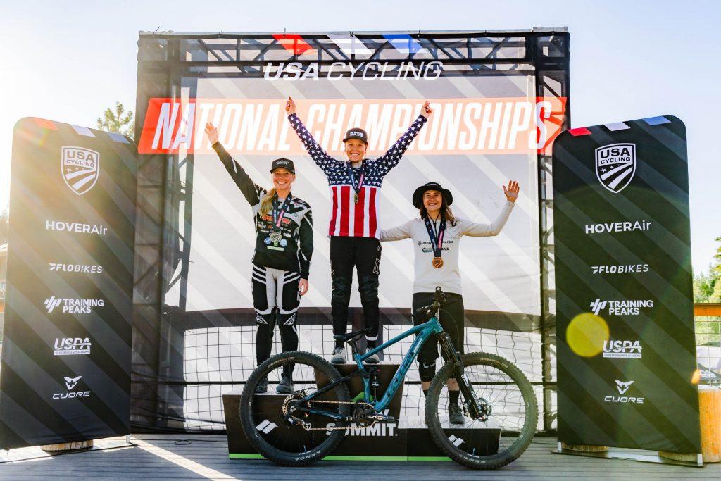 KHS Pro MTB rider Isabella Naughton on the podium in first place with teammate MacKenna Merten taking second at the US National Dual Slalom Race.